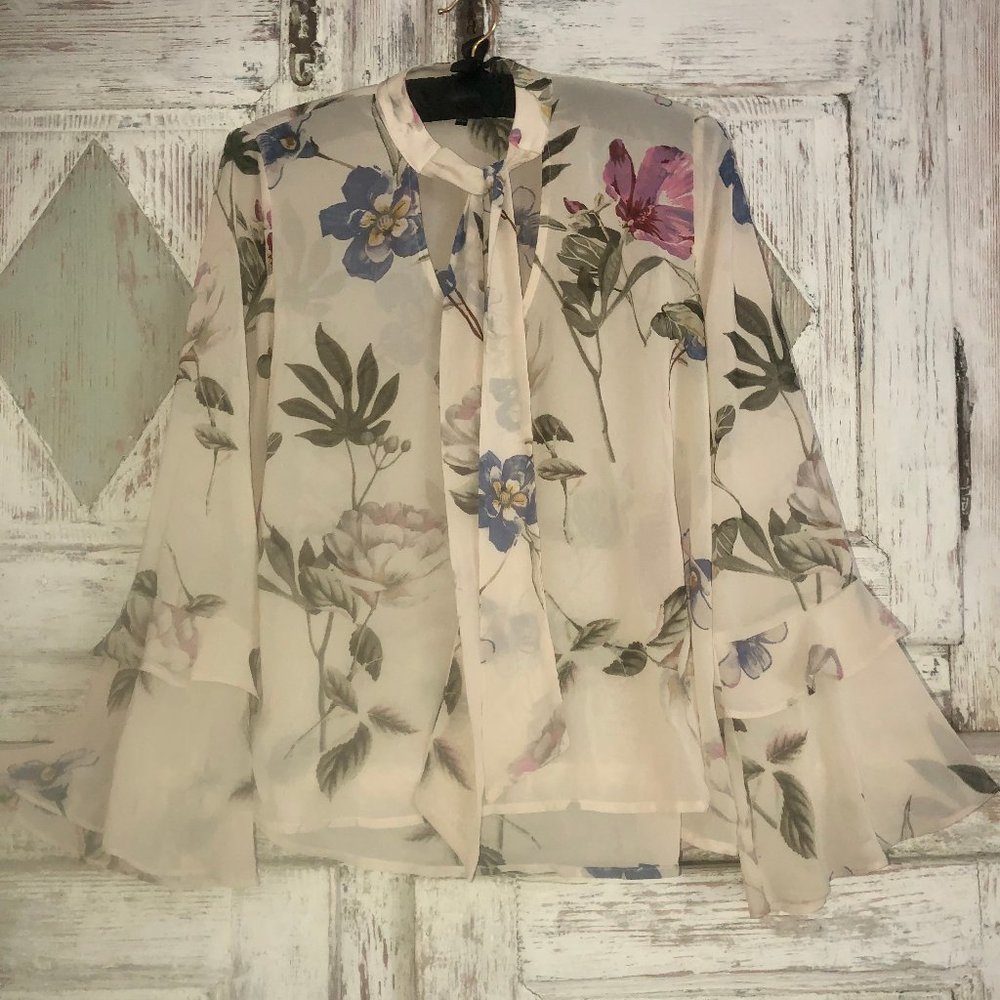 Sheer bell sleeve bow tie botanical patterned top